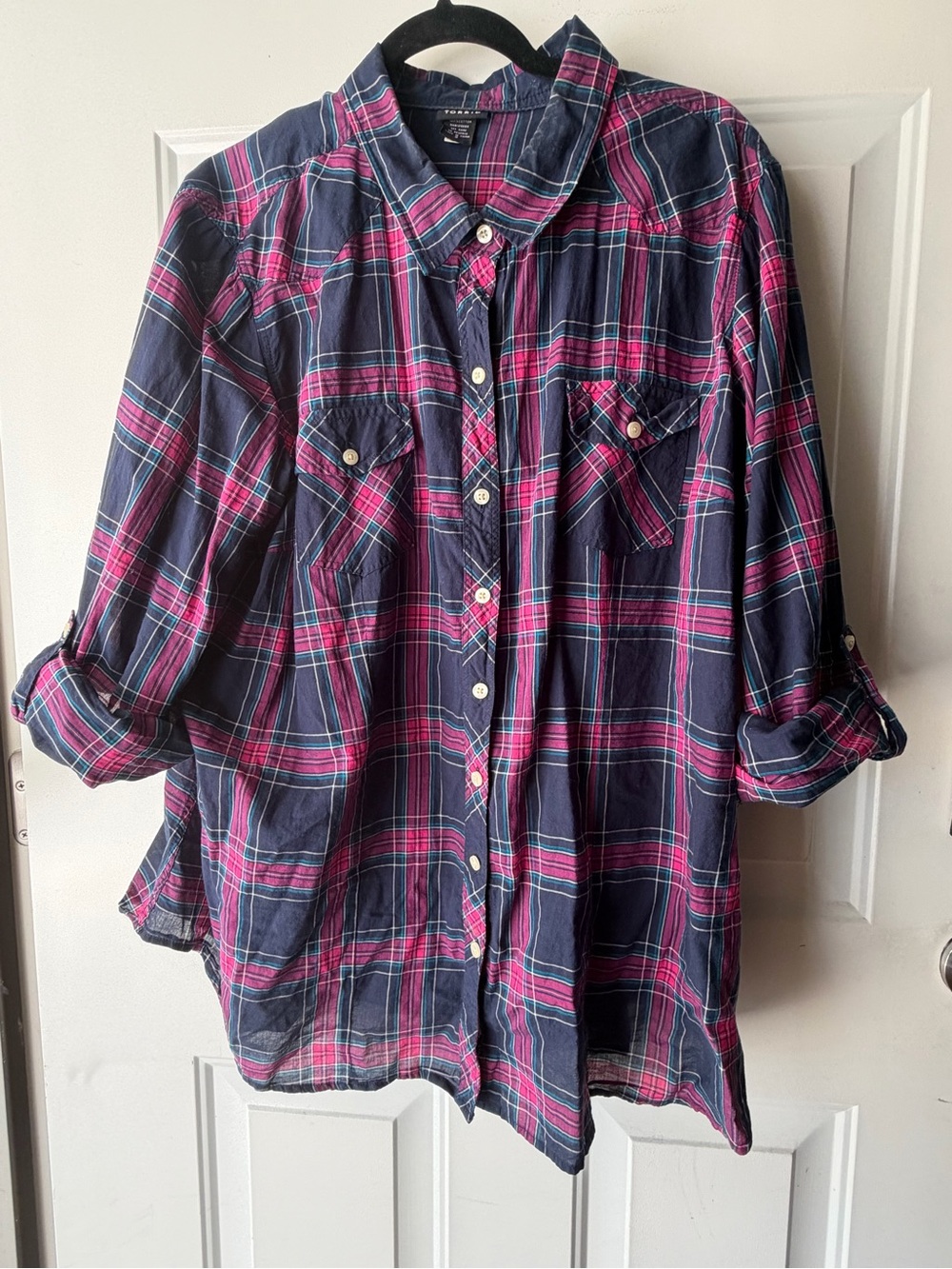 torrid 3X Navy Plaid Shirt with Pink and Teal Stripes